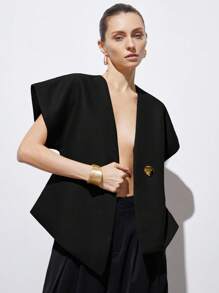 Aveloria Modichic 简约优雅设计通勤 V 领插肩袖腰部修饰白色纹理面料不对称下摆装饰纽扣女式夹克 - 黑色 - 查看 4