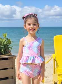 2pcs Girls' Swimwear Set: Mermaid Scale Print Ruffled Spaghetti Strap Swimsuit Top And Mermaid Scale Print Triangle Bikini Bottom, Perfect For Summer Beach Holiday - Multicolor - View 1