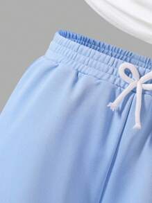 1 套青少年女孩休闲时尚浅蓝色拉链长袖连帽衫和配套短裤，春夏 - 淺色水洗藍 - 查看 6