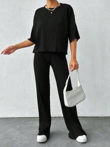 EURMUSE Women Basic Solid Round Neck Top And Pant 2 Pieces Set - Black - View 4