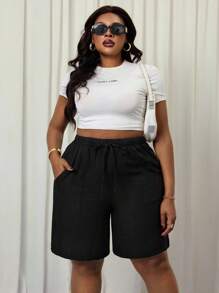 SHEIN PETITE CURVE Plus Size Women's Black Drawstring Waist Pockets Casual Country Linen Shorts Summer Shorts For Women Spring Outfits For Women Vacation Outfits Woman