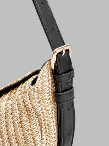 Ontre Bolso de hombro con patrón de esterilla de paja - Negro - Ver 5