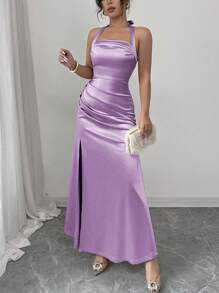 Rafferiza Váy suông bó sát màu sâm panh thanh lịch, xẻ tà hai bên bằng vải crepe co giãn - Màu tím - Xem 6
