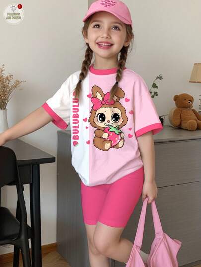 SHEIN 2件套少女休闲可爱卡通草莓印花短袖T恤短裤套装粉色开学季适合夏季