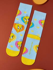 LOONEY TUNES X SHEIN 3 双柔软透气吸湿排汗休闲女士中筒袜，带有 Tweety & Sylvester 和时尚可爱的粉色和蓝色中筒袜，加固脚趾和脚跟，经久耐用，适合所有季节穿着 - 彩色 - 查看 11
