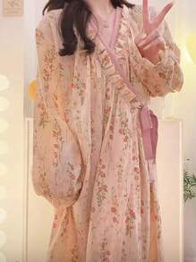 SHEIN 1 件套睡袍，简约欧式长袖宽松睡袍，休闲时尚长袖睡袍，新款春秋设计，舒适 V 领，女士家居服夏季婚礼家居浴室装饰返校 - 粉色 - 查看 2