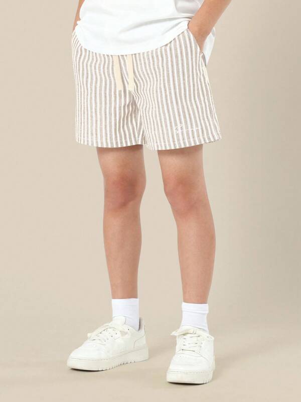 SUMWON Kids Striped Cotton Linen Feel Feel Drawstring Shorts Beach Vacation Club Summer Casual Elastic Waist Lounge Bottoms
