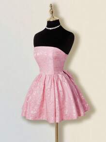 SHEIN ICON Đầm suông dự tiệc trà họa tiết hoa babydoll màu hồng dành cho nữ, váy xòe nơ thanh lịch, không dây, chất liệu jacquard nhún bèo hoa - Hồng - Xem 6