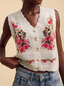 Travachic Women V-Neck Floral Pattern Button Front Sleeveless Sweater Vest, Beach,Spring Break,Vacation,Concert - Apricot - View 1