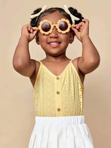 女童纯色纽扣设计针织吊带背心 - 黃色 - 查看 3