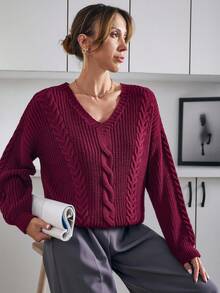 EURMUSE Chunky Cable Knit V-Neck Sweater In Deep Rust Red With Ribbed Hem And Cuffs,Jumper,Cream Jumper,Jumpers For Women,Jumpers,Black Jumper,Womens Jumper,White Jumper,Women's Jumper,Women's Jumpers,Winter Clothes - Burgundy - View 7