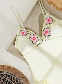 Swim Mod Women One-Piece Swimsuit, Solid Color With Floral Ribbon Detail And Side Drawstring, Suitable For Holiday/Vacation And Leisure For Summer