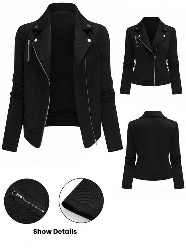 SHEIN Tall Women's Casual Lapel Textured Fabric Zip-Up Biker Jacket Fall Winter Cloth For Women