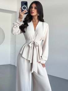 Firerie Bộ đồ nữ thanh lịch, rộng rãi, màu mơ, gồm áo dài tay và quần, gồm 2 món. - trắng - Xem 2