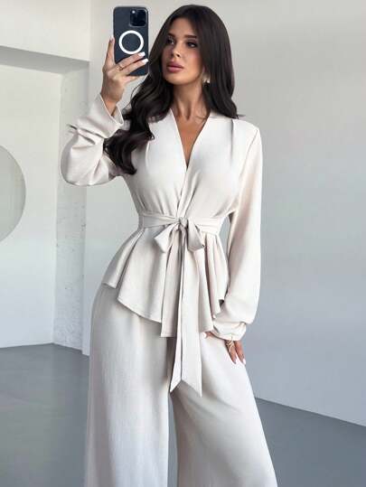 Firerie 2pcs Women Professional Commuting Solid Color Shirt & Pants Set