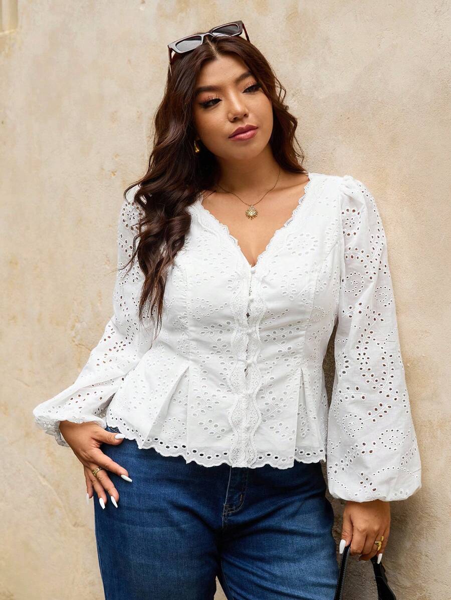 Elaquor Plus Size Women's Simple Romantic Solid Color V-Neck Ruffle Patchwork Blouse, Versatile Casual Shirt For All Seasons,Business Casual Woman - White - View 1