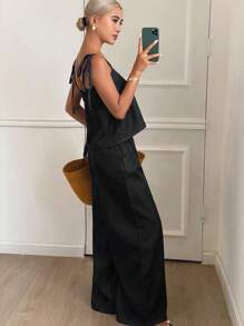 Livesso 女式夏季吊带宽松荷叶边下摆休闲牛仔连体裤 - 黑色 - 查看 2