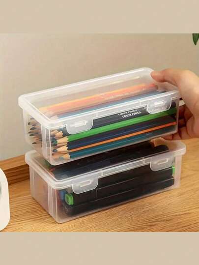 1pc/2pcs Large Capacity Transparent Storage Box, Desktop Pen, Pencil And Marker Holder Container With Hinged Lid, Flip Storage Box For School Supplies, Office And Craft Supplies,Pens,Pen,Stationery,Pencil Case,Pencil Pouch,School,Pencil Case Big,Office Equipment,Things For School,Note Paper,Kawaii Decor,Back To School,Pens,School Stuff