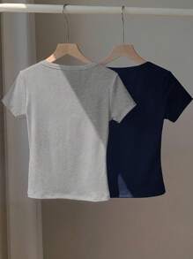 Comfortcana 2pcs Indigo Blue & Gray Solid Henley Collar Embroidered Slim Fit Short Sleeve T-Shirts Henley Tops Tops Sets - Multicolor - View 2
