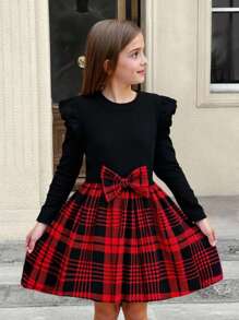 SHEIN Serisse Kids Tween Girls' Casual Mixed Plaid Print Bow Ruffle Trim Long Sleeve Dress, For Christmas