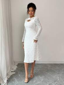 Elenzga Vestido largo de manga larga con encaje, vestido blanco elegante y casual para usar en casa y al aire libre - Blanco - Ver 6