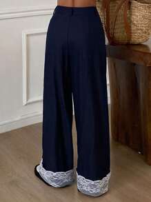 Livesso Women's Loose Contrast Lace Wide Leg Pants With Pockets, Casual Holiday Trousers For Autumn - Navy Blue - View 2