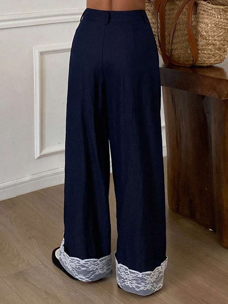 Women's Loose Contrast Lace Wide Leg Pants With Pockets, Casual Holiday Trousers For Autumn