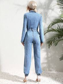 SHEIN Frenchy Flap Pocket Belted Denim Jumpsuit Winter Casual