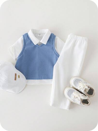 SHEIN 3 件套男婴蓝白夏季/秋季 Polo 领短袖开衫、纯色背心和裤子，英国绅士风度，柔软百搭，适合生日派对、洗礼、1 岁生日、活动、婚礼