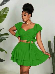 Maweii 2pcs/Set Women Plus Size Solid Color Twist Waist Cap Sleeve Blouse And Mini Skirt, Vacation Set - Green - View 1