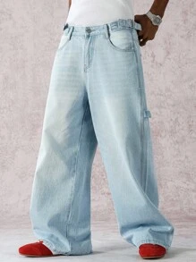 Manfinity ZONE917 Quần Jeans Xanh Chống Nhăn Phong Cách Đường Phố Thường Ngày Cho Nam, Dáng Rộng, Nhiều Túi, Chống Trơn Trượt, Bền, Đa Năng Cho Mọi Mùa - Rửa nhẹ - Xem 3
