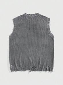 ROMWE MEN Street Life Men's Crew Neck Distressed Print Knitted Vest - Grey - View 2