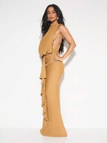 KIZN Sleeveless High Neck Mermaid Evening Gown Ruched Waist Detail Side Ruffle Draped Back Design Floor Length Formal Wedding Guest Party Dress Fall Winter - Yellow - View 4