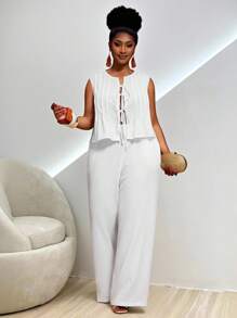 Veslaya Completo da donna taglie forti stile boho per festival musicali e vacanze tropicali, composto da blusa casual senza maniche con volant e laccio, e pantaloni dritti con tasche, adatto per l'uso quotidiano in primavera/estate - Bianco - Visualizzare 8