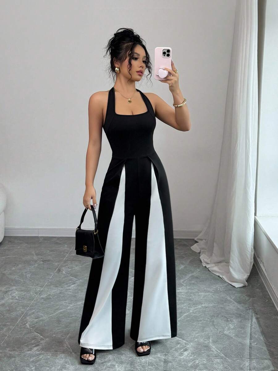 SHEIN PETITE 女士时尚撞色拼接露背吊带长款连体裤