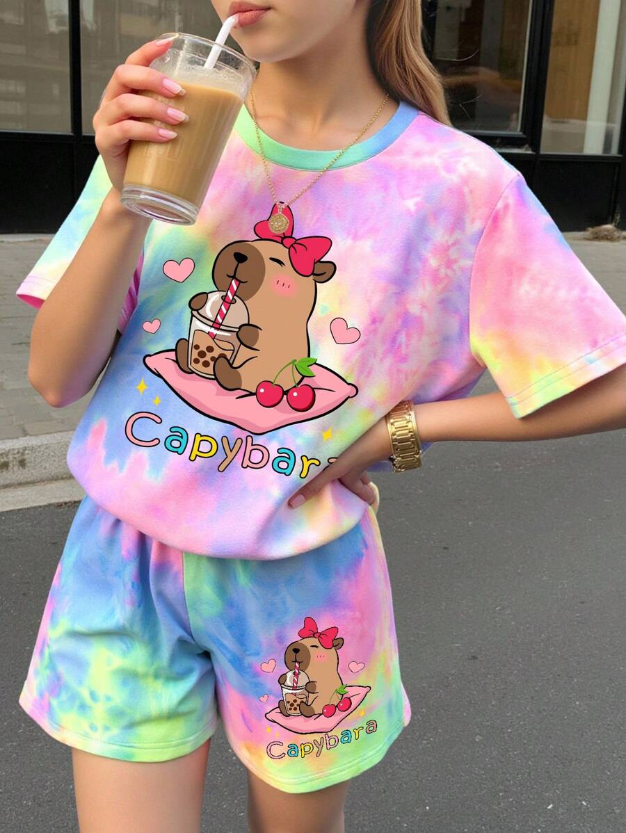 SHEIN 2pcs Tween Girls Casual Tie Dye Capybara Print, Cherry Bow Print, Chill Chill Summer Graphic Short Sleeve Top And Shorts Set, Summer Capybara Shirt Tie Dye Set Girls Cute Set Cute Sets Teen Capybara Pajamas - Multicolor - View 1
