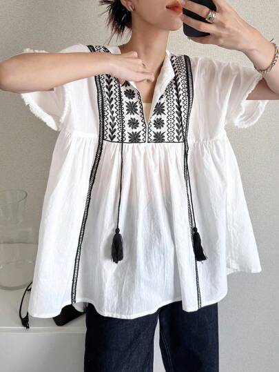 FRIFUL Blusa casual holgada para mujer con cuello alto, cordón, lazo, bloqueo de color, bordado, diseño de puños deshilachados, atuendos versátiles para vacaciones