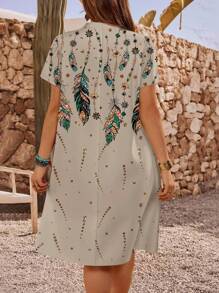 EMERY ROSE 大码女式度假闪光羽毛印花V领短袖连衣裙