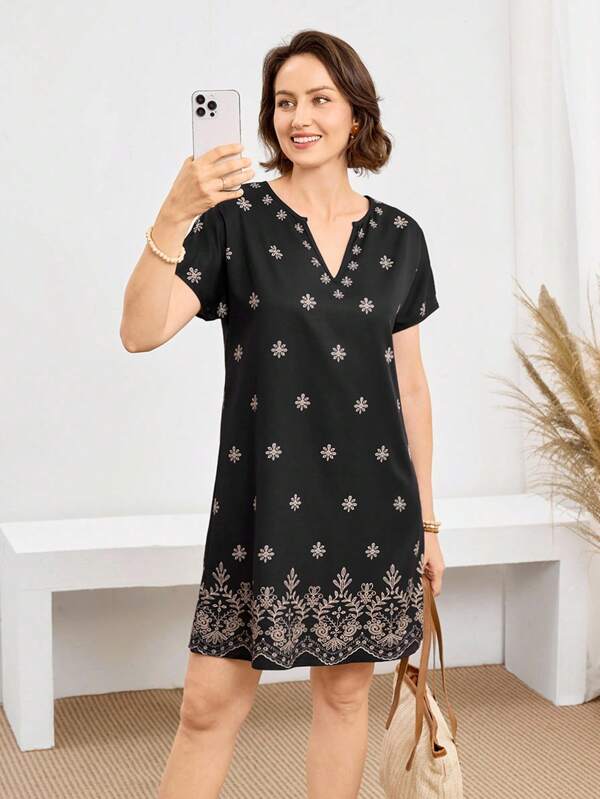 Miaspire V-Neck Short Sleeve Casual Printed Day Dress
