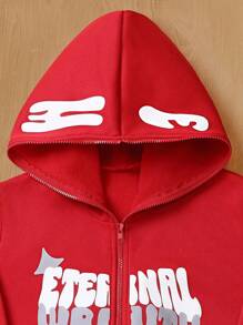 SHEIN 男童休闲字母印花保暖拉链卫衣，秋冬季，圣诞节 - 紅色 - 查看 5