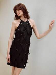 MOTF PREMIUM 仿珍珠蝴蝶结细节挂脖短裙 - 黑色 - 查看 5