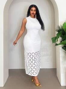 Veslaya 2025 Nouveau Printemps/Été Vêtements pour Femmes Grande Taille Automne/Retour à l'École/Début des Cours/Y2k/Travail/Bureau/Sortie/Vêtements d'Aéroport/Style de Rue/Punk/Décadent/Date de Remise des Diplômes/Vacances Élégantes/Tenue Femme Diplômée/Élégante Combinaison Tout Blanc Col Rond Sans Manches Bas Creux Grille Diamant Moyenne à Longue