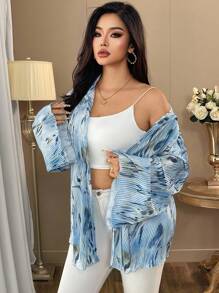 Auvina Plus Size Women's Random Floral Print Bell Sleeve Blouse, Spring Autumn Women Shirt,Long Sleeve Tops