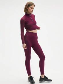 Gameset SHEIN Sport Women's Burgundy Seamless Long Sleeve Crop Top And Leggings Set,High-Waisted Workout Outfit For Fitness And Yoga - Red - View 5