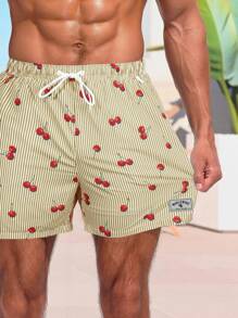 Surfspeed Men's Striped & Cherry Print Pocket Drawstring Waist Beach Shorts, Suitable For Summer Men Cherry Shorts Men Swim Trunks - Khaki - View 4