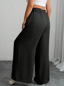 SHEIN PETITE Pantaloni larghi e morbidi da donna, in tinta unita, con tasche e nodo decorativo, taglie comode - nero - Visualizzare 6
