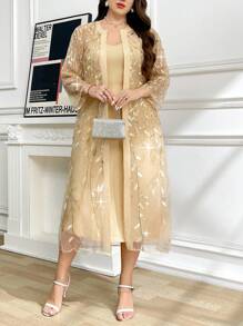 Ellevyn 加大码两件套：优雅网眼亮片叶刺绣开衫和连衣裙，夏季 - 香檳色 - 查看 9
