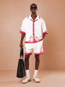 SUMWON مجموعة قميص وشورت مطبوعة بالمحار الاستوائي لعطلة الفاخرة ، لبس الشاطئ والعطلات الصيفية والهاواي