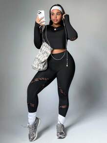 Easithlete 大码女式几何网眼拼接短款上衣和紧身裤运动套装健身女式套装 - 黑色 - 查看 2