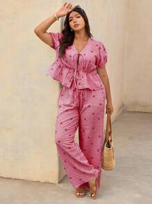 Elaquor 大码女式条纹蝴蝶结泡泡袖衬衫和裤子两件套休闲套装 - 紅色 - 查看 5